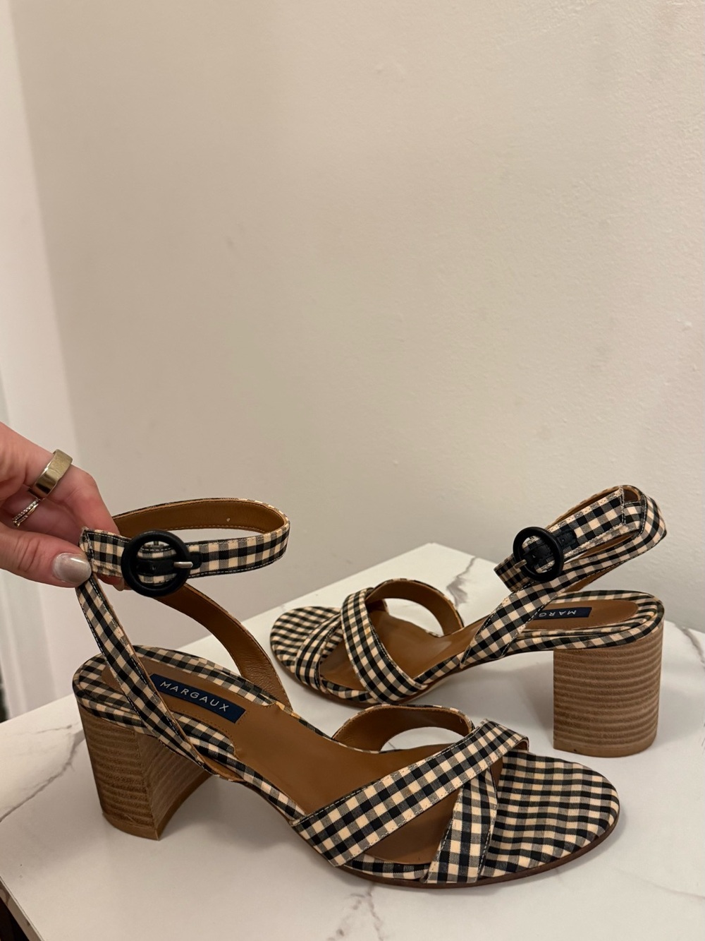 Margaux Black & Cream Gingham Block Heel Sandals
